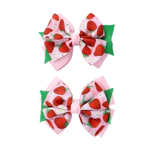 Pair of sweet pink strawberry pattern double bow hair clips for girls with green ribbon leaves
