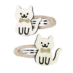 Cute cartoon cat hair clips with pink glitter and gold sequins for girls, set of two