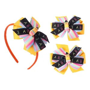 School-themed hair accessories set with rainbow bow and pencil for children's back-to-school