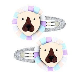 Pair of children's cartoon animal hair clips with colorful ribbed ribbon and glitter finish