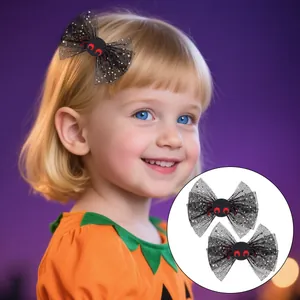 Halloween-Haarspangen mit schwarzen Netzschleifen und Spinnen mit roten Augen