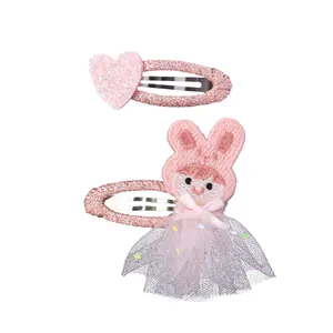Pink cartoon BB hair clips set with embroidered rabbit ears and sequin heart for kids