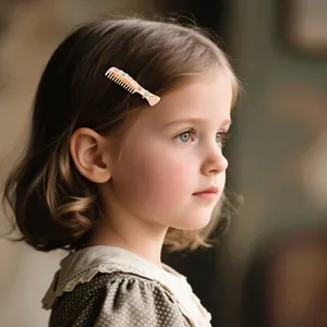 Detail of golden comb hair clip with colorful rhinestones on a young girl hair