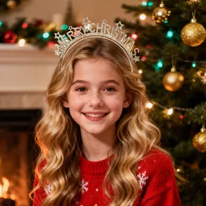 Close-up of a festive gold glitter Merry Christmas headband worn by a girl in a cozy setting