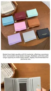 Detailed view of tri-fold PU leather wallet with snap closure and multi-card slots