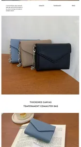 Close-up of litchi grain mini envelope wallets with elegant chain straps in three colors