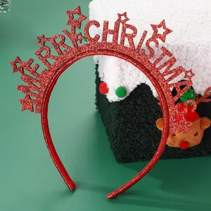 Macro detail of red glitter Merry Christmas headband with star design for parties