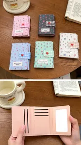 Floral PU leather wallets with heart snap button shown on wooden table with accessories