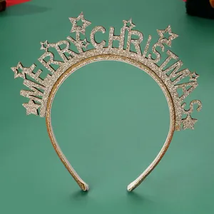 Detail of a gold glitter Merry Christmas headband featuring stars and festive lettering