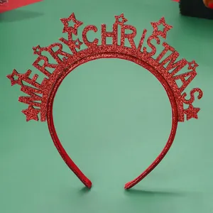 Detail of red glitter Merry Christmas headband with star design for festive holiday parties