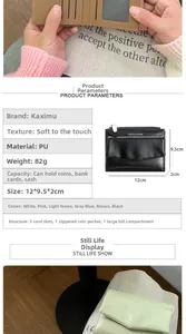 Detailed view of women's PU leather wallet showing specs, size 12x9.5x2cm and 6 color options