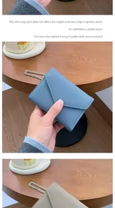 Detailed view of retro litchi grain leather mini wallet with elegant metal chain strap