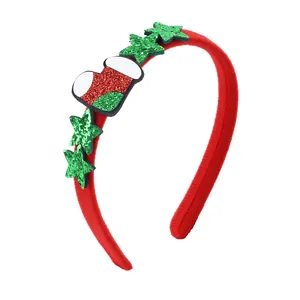 Cerchietto natalizio rosso in peluche con stelle glitter verdi e calza decorativa