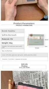 Detailed spec view of PU leather wallet with 7 card slots and zipper pocket for women