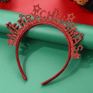 Close-up of red glitter Merry Christmas headband with star details for holiday parties