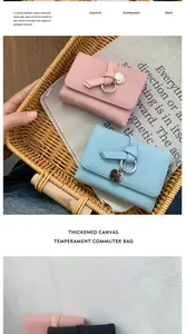 Detail of macaron pink and blue leather tri-fold wallets with leather knot and ring detail