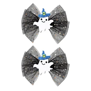 Halloween Schleifen-Haarspangen Set mit schwarzem Netz und süßen weißen Geistern