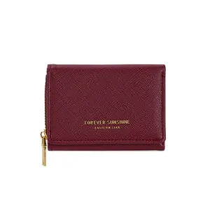 Short wine red Saffiano wallet for women with golden zipper and large capacity design