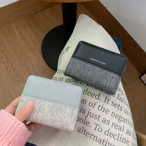 Portafoglio Donna Corto in Pelle PU e Tela Cuciture Bifold Zip Porta Carte Classic Star Stampa Piccolo Portamonete Casual