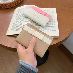 Women Bowknot PU Leather Card Holder Mini Wallet With Zipper Coin Purse Metal Chain Sweet Temperament Commuter Small Purse
