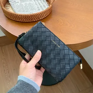 Classico Portafoglio da Polso in Pelle PU Intrecciata per Donna Tinta Unita Motivo a Diamante Cerniera Lunga Pochette Borsa Porta Carte