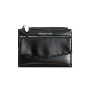 Short black envelope wallet for women with silver Forever Sunshine logo print