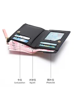 Internal view of women's leather wallet with multiple card slots and an ID window