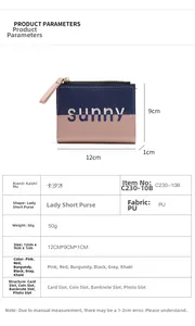 Detailed size chart for a women's short PU wallet with card slots and coin pockets