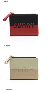 Detailed view of PU leather wallets in red, khaki and burgundy with sunny embroidery