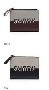 Detail view of stylish bi-color PU leather coin purses with smooth zippers and hand straps
