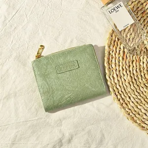 Women's Korean Style PU Leather Small Wallet Wrinkled Texture Zipper Coin Purse Multiple Card Slot Fashion Mini Bifold Wallet