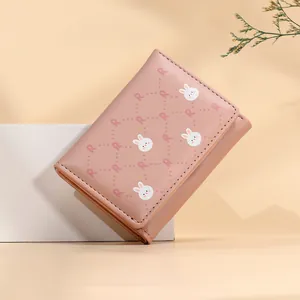 Women Korean Style Short Tri-fold Wallet Cartoon Rabbit Letter R Print PU Leather Student Fashion Money Clip Card Holder