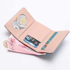 Cartera de mujer minimalista rosa de tres pliegues con ranura para fotos de corazón
