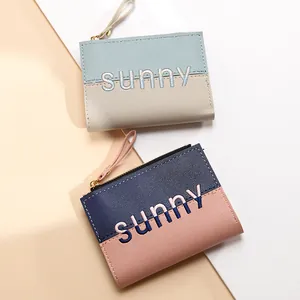 Litchi pattern PU leather small wallet with Sunny embroidery and golden hardware