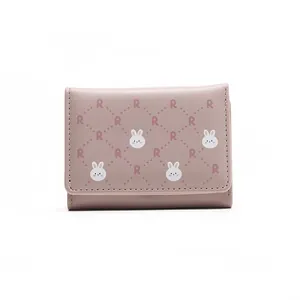 Pink trifold wallet for women featuring cartoon bunny and letter R rhombus pattern