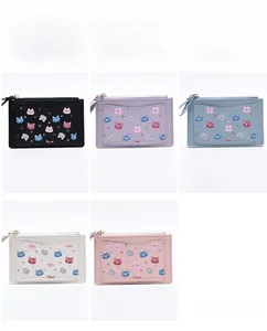 Slim cartoon card holder with front pocket and zip pouch in multiple colors