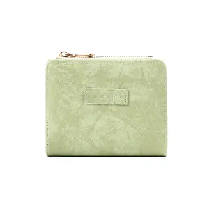 Short minimalist light green women's wallet with textured faux leather and gold zipper