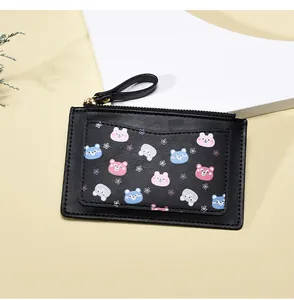 Slim black faux leather wallet featuring cute cartoon bear prints and card slot detail