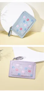 Detail of light blue and purple PU leather coin purses with cute cartoon bear prints