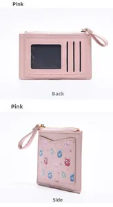 Pink leather wallet featuring transparent ID window, card slots and cute bear print