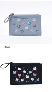 Detail showing cartoon bear patterns on PU leather zip card wallets in blue and black