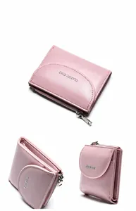 Dettagli del portafoglio piccolo rosa in pelle con bottone a pressione e zip lato