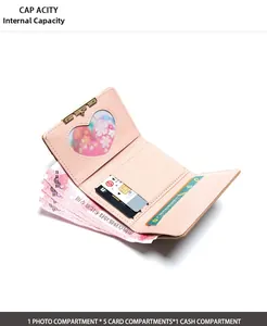 Detailed interior of pink trifold wallet showing heart photo slot and multiple card holders