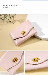 Dettaglio portafoglio in similpelle rosa con chiusura a scatto dorata e dettagli glitter