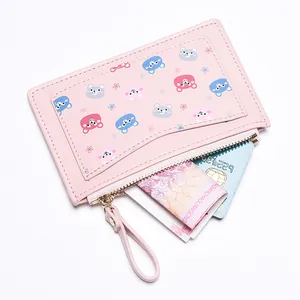 Pink PU leather cartoon bear wallet with card slot and zipper closure for women
