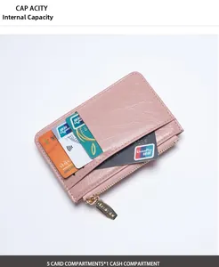 Mini porte-cartes rose ultra-mince avec fentes et poche à monnaie zippée en haut