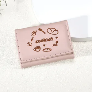 Portefeuille Court en Cuir PU pour Femmes avec Broderie Cookies Mignon Mini Porte-cartes Pliable avec Emplacement Photo Coeur