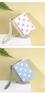 Detail of compact women's wallets in white and blue with star patterns and wrist straps
