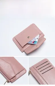 Détail du porte-cartes en cuir PU rose montrant les coutures, fentes et bouton-pression