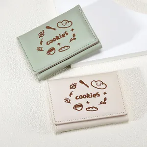 Petit portefeuille femme minimaliste avec broderie cookies mignonne en vert et beige
